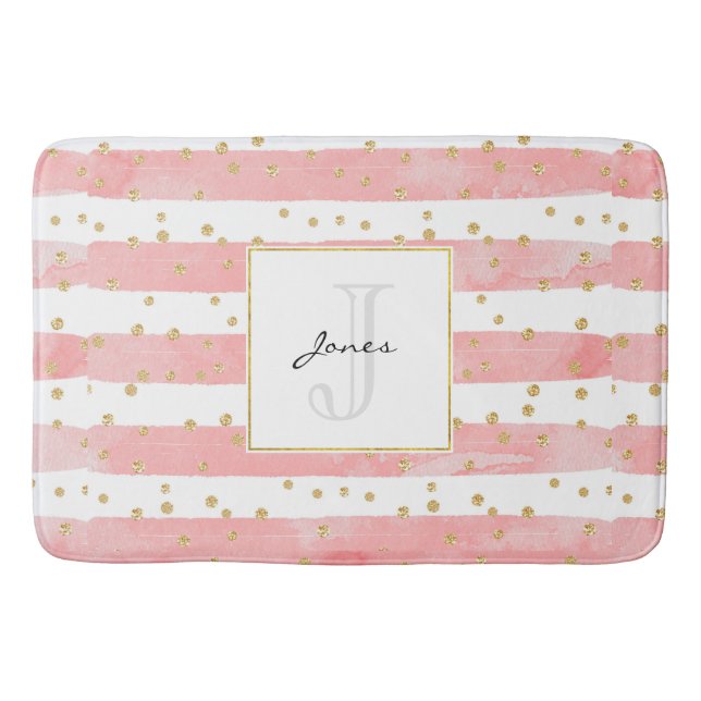 Tapis De Bain Bleu rose | Faux Gold Confetti Monogramme (Devant)