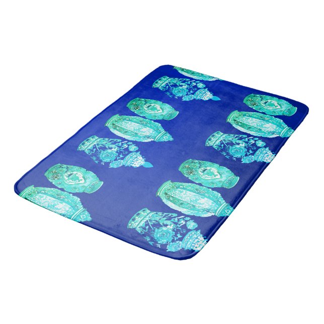 Tapis De Bain Bleu Vert Blanc Élégant Monogramme Ginger Jar (Angle)