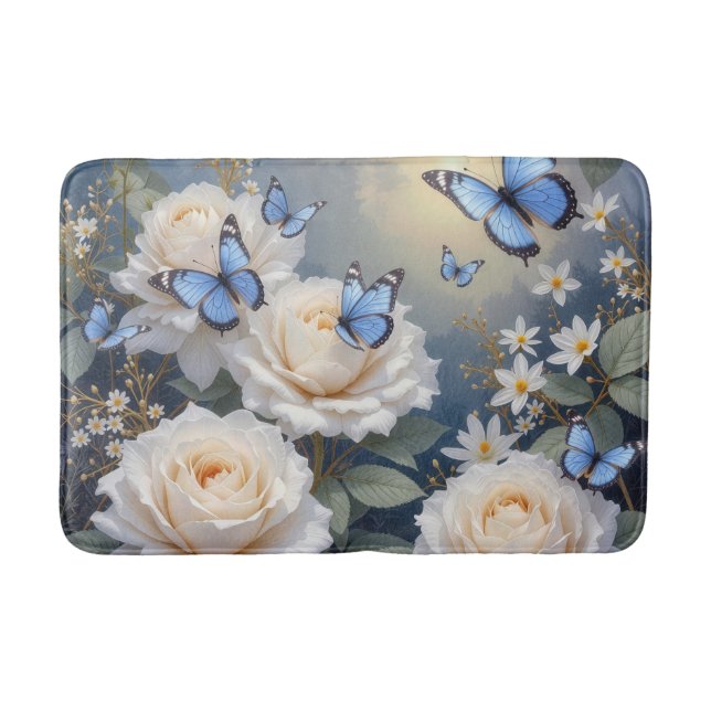 Tapis De Bain Blue Butterflies On White Roses and Daisies (Devant)