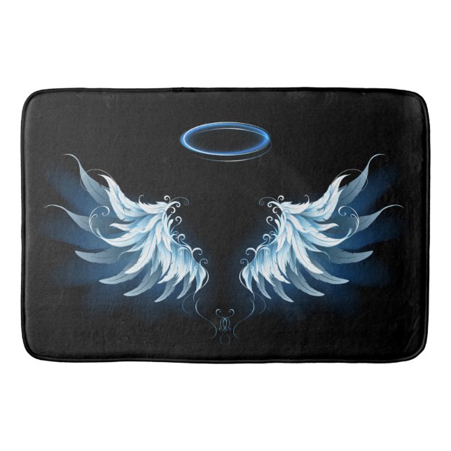 Tapis De Bain Blue Glowing Angel Wings on black background (Devant)