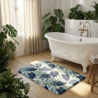 Tapis De Bain Blue Tropical Botanical Leaf Pattern – Elegant 
