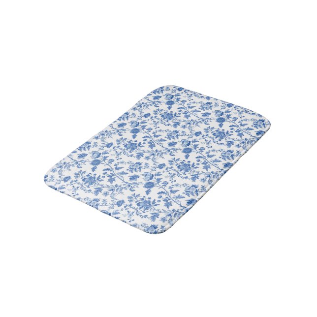 Tapis De Bain Blue White Floral Toile Pattern  (Angle)