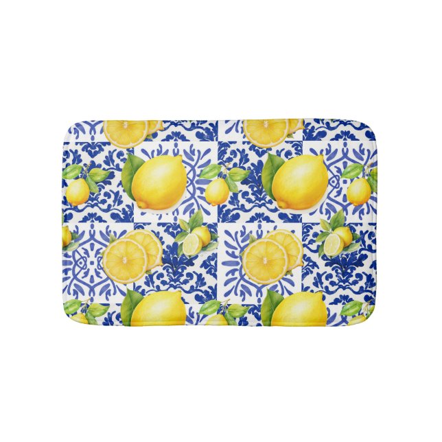 Tapis De Bain Blue White Lemon Tile Pattern Mediterranean Citrus (Devant)
