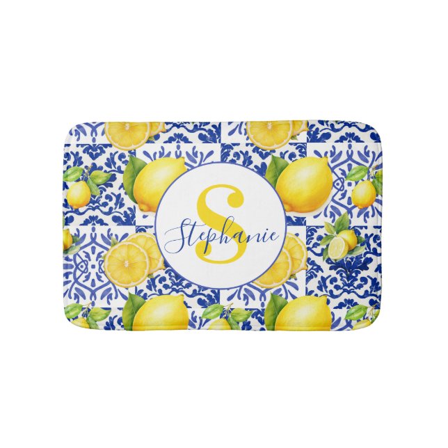 Tapis De Bain Blue White Lemon Tile Pattern Name Monogram Citrus (Devant)