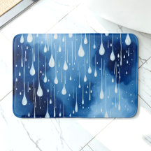 Blue White Nature Raindrops Motif Bath Mat
