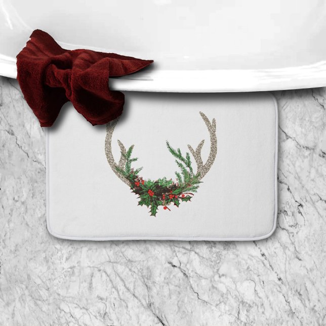 Tapis De Bain Boho Deer Antlers | Floral de Noël rouge rustique (Créateur téléchargé)