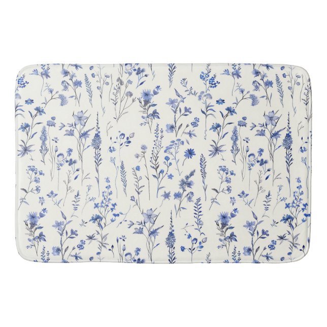 Tapis De Bain Boho Fleurs sauvages bleu et blanc (Devant)