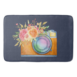 Tapis De Bain Boho Orange Caméra & Bouquet Floral Aquarelle