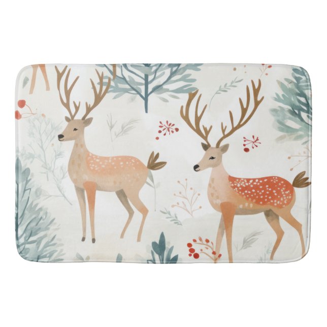 Tapis De Bain Bois d'aquarelle Cerf en hiver Forêt Noël (Devant)