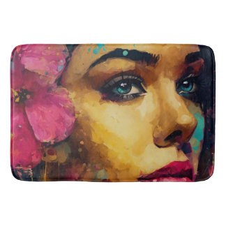 Tapis De Bain Bold Pink Hibiscus et femme Portrait Abstrait