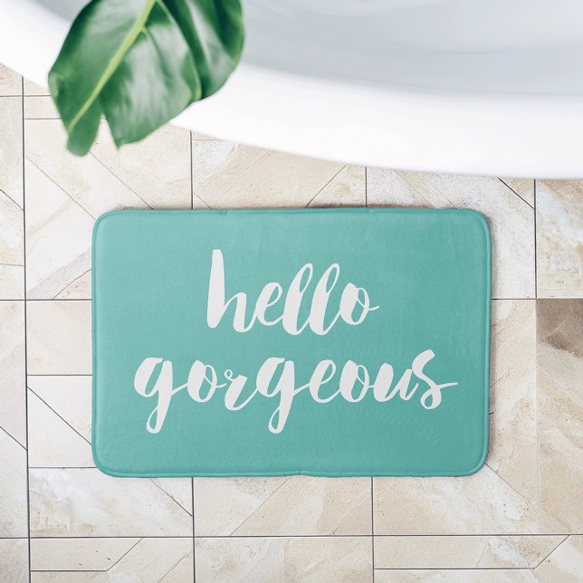 Tapis De Bain Bonjour magnifique | Aqua & White Typographie (Créateur téléchargé)