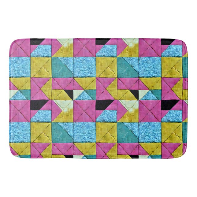 Tapis De Bain Bouho Faux Patchwork Quilt rose jaune bleu (Devant)