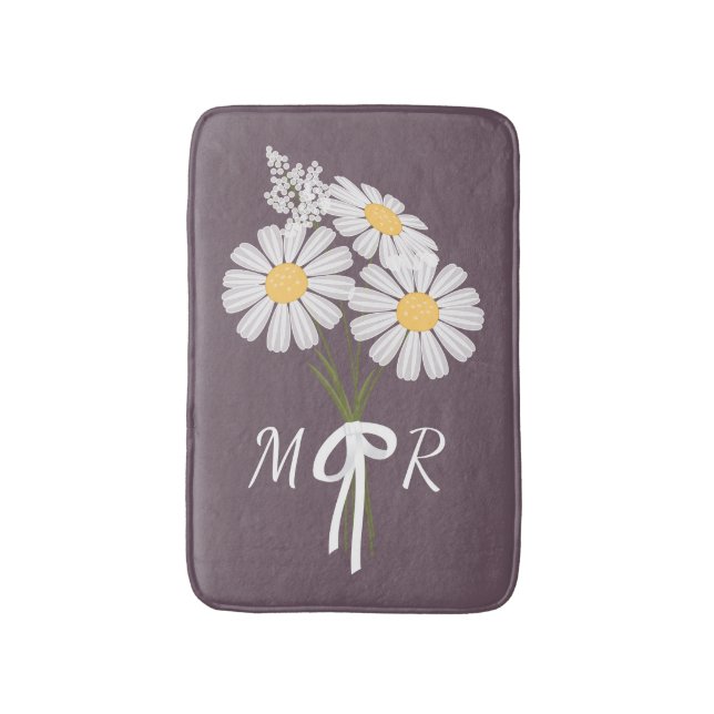 Tapis De Bain Bouquet de fleurs marguerites blanches Monogramme  (Devant (Vertical))