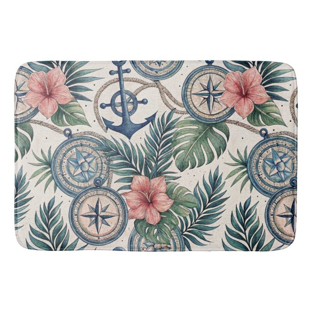 TAPIS DE BAIN BOUSSOLE NAUTIQUE FLEURS ET FEUILLES TROPICALES (Devant)
