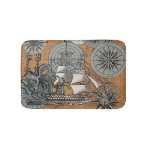 Tapis De Bain Boussole Rose Vintage Nautique Octopus Ship