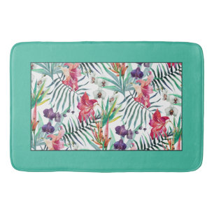 Tapis De Bain Bright Tropical Floral avec bordure Aqua