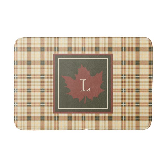 Tapis De Bain Brown Plaid Motif Automne Maple Leaf Monogramme (Devant)