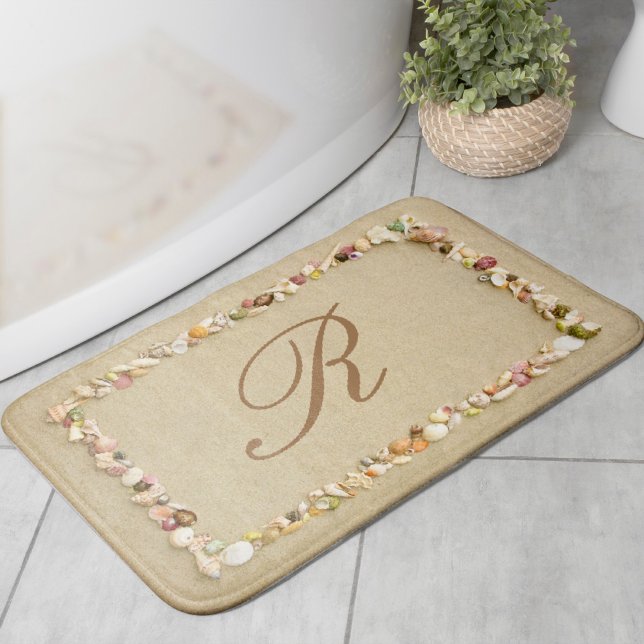 Tapis De Bain Cadre de coquillage sur sable de plage avec Monogr (Créateur téléchargé)