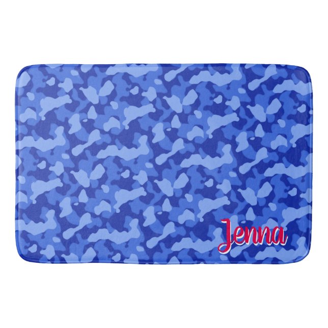 Tapis De Bain Camouflage bleu avec le monogramme rouge (Devant)
