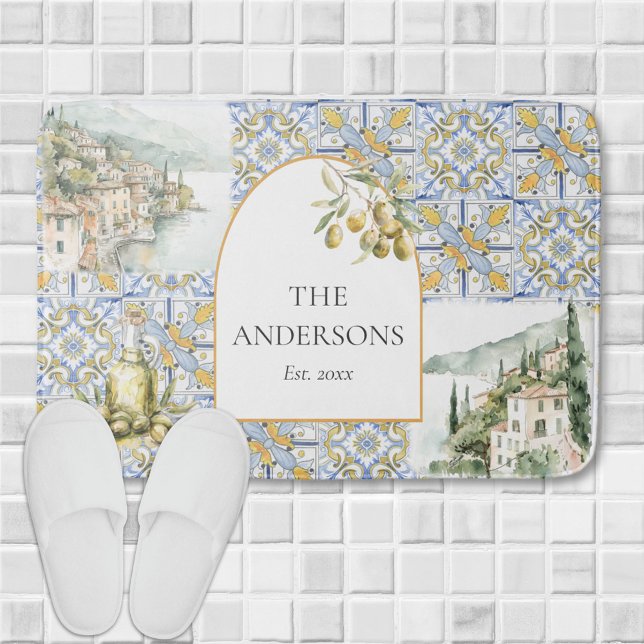 Tapis De Bain Carreaux de style méditerranéen olive jaune et ble (In situ)