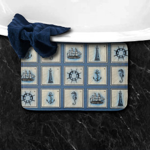 Tapis De Bain Carreaux marins   Blue Lighthouse Ancre Ship Wheel