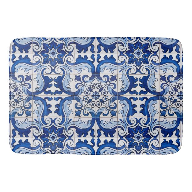 Tapis De Bain Carrelage bleu azulejo en azulejo motif floral (Devant)