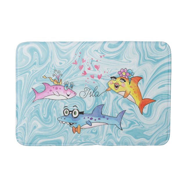 Tapis De Bain Cartoon Shark Family Blue Waves Bath Mat (Devant)