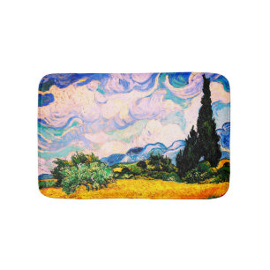 Tapis De Bain Champ de blé de Vincent Van Gogh avec Cyprès 