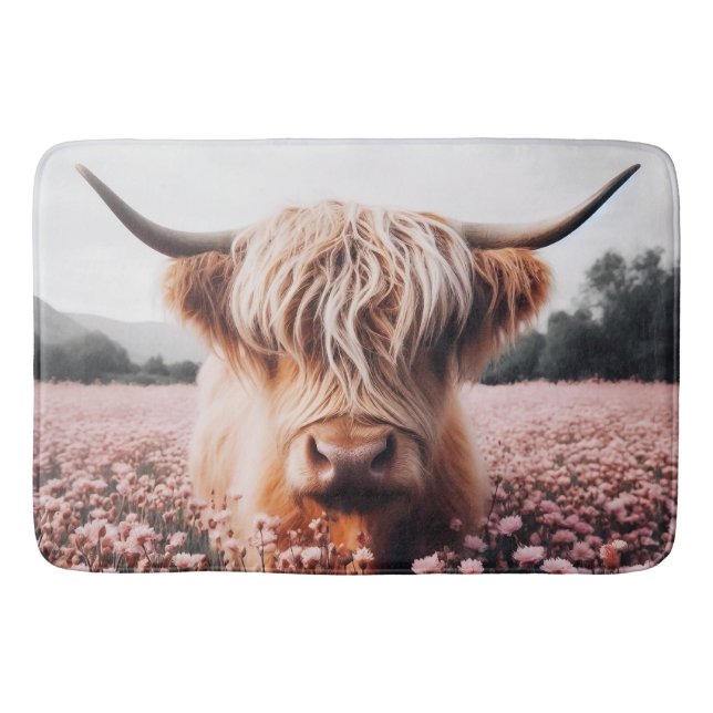 Tapis De Bain Champ de Fleur sauvage écossais Highland Cow (Devant)