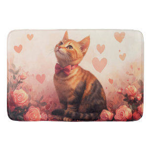 Tapis De Bain Chat abyssinien avec Rose - Saint Valentin