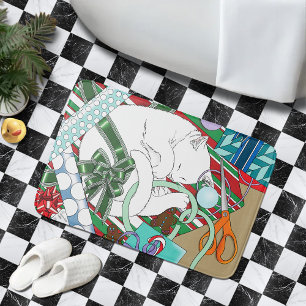 Tapis De Bain Chat de Noël blanc