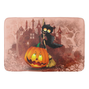 Tapis De Bain Chat effrayé par Citrouille Fun Halloween caractèr