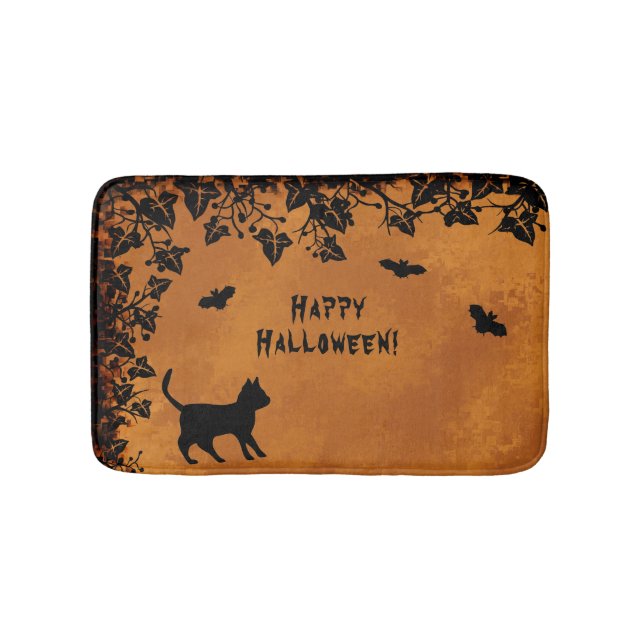 Tapis De Bain Chat noir avec chauve-souris, Happy Halloween (Devant)