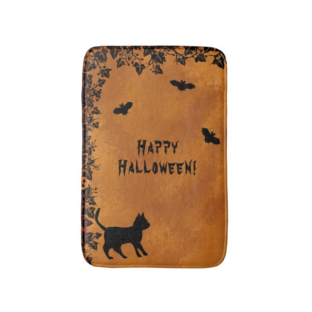 Tapis De Bain Chat noir avec chauve-souris, Happy Halloween (Devant (Vertical))