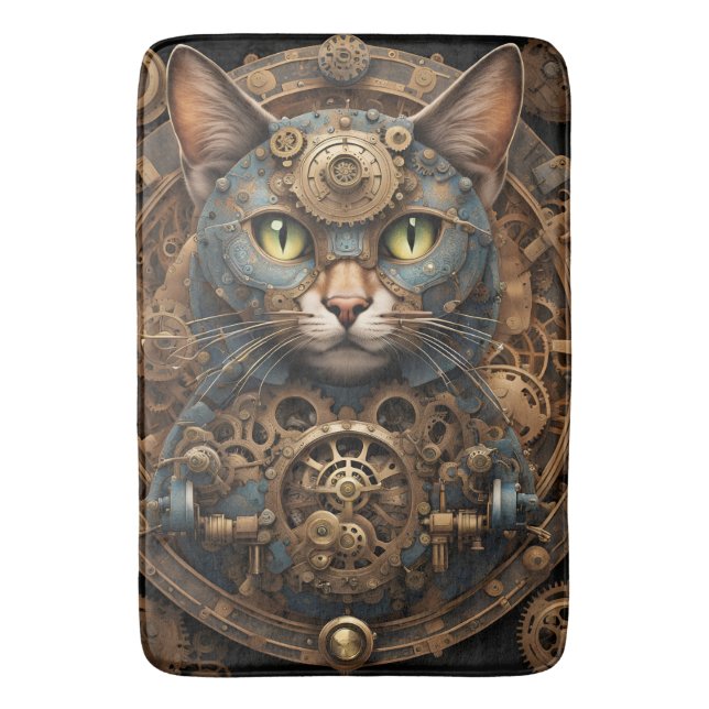 Tapis De Bain chat steampunk bleu AI art Bath Mat (devant Vertical)