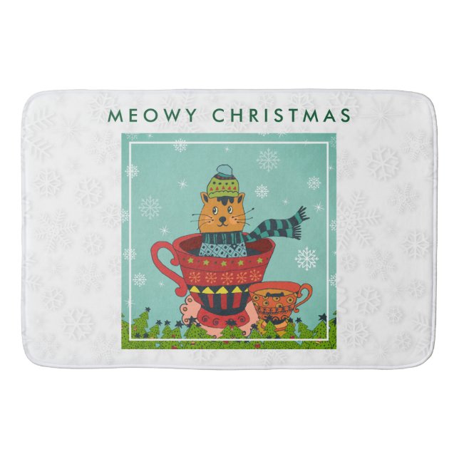 Tapis De Bain Chat Whimsical assis dans un thé Noël (Devant)