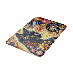 Tapis De Bain Chat Whimsical Noir Abstrait peinture florale Art