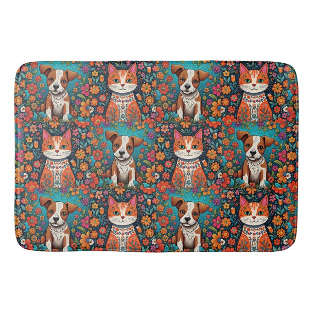 Tapis De Bain Chats de Whimsical et Chien avec Fleurs d'Art Folk (Devant)