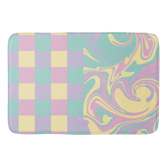 Tapis De Bain Chèques et perles Pastel Rose, Jaune, Violet & Ver (Devant)