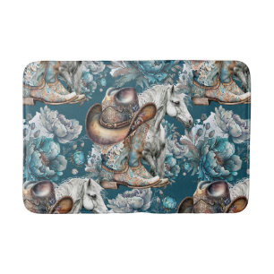 Tapis De Bain Cheval fille cowgirl motif floral turquoise