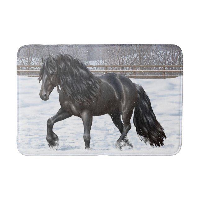 Tapis De Bain Cheval Noir Friésien En Neige (Devant)