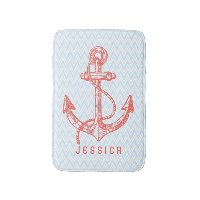 Tapis De Bain Chevron Blanc et Bleu avec Ancre nautique (Devant (Vertical))
