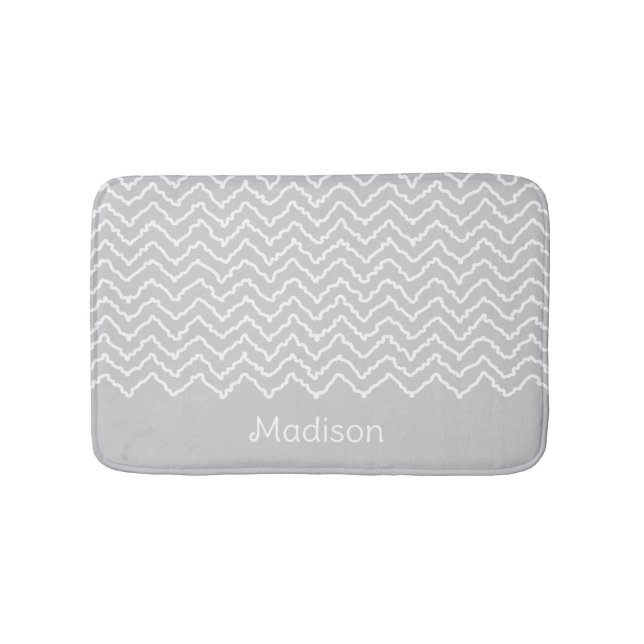 Tapis De Bain Chevron Zigzag Ondulé Gris Et Blanc Avec Nom (Devant)