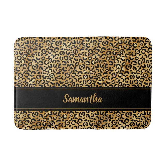 Tapis De Bain Chic Black Gold Empreinte de léopard personnalisé (Devant)