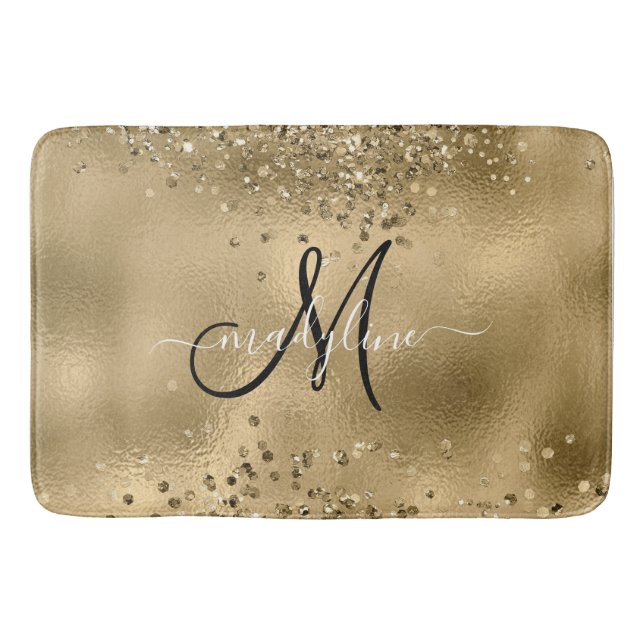 Tapis De Bain Chic Black Gold Parties scintillant Nom du monogra (Devant)