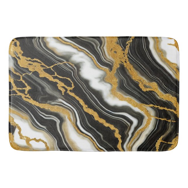 Tapis De Bain Chic Marbre Noir Blanc Or Look Glamor (Devant)