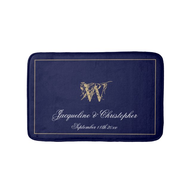 Tapis De Bain Chic Moderne Monogramme bleu Noms Mariage nouvelle (Devant)