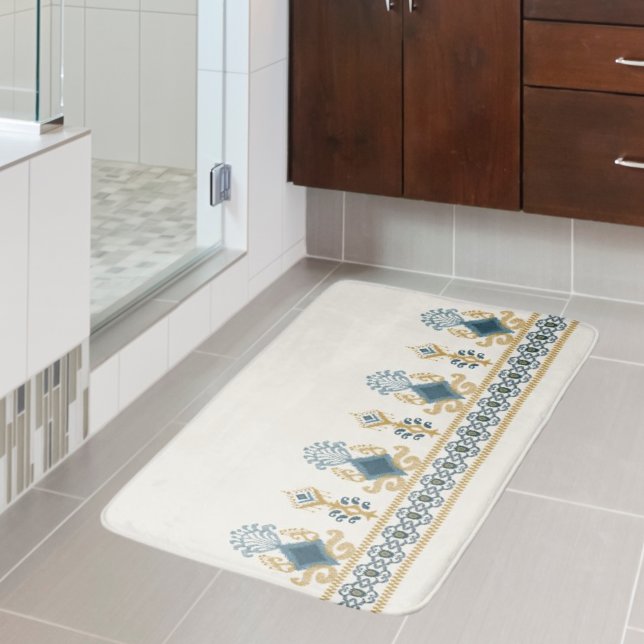 Tapis De Bain Chic moderne Neutral Turquoise Bleu Ikat Motif tri (Créateur téléchargé)