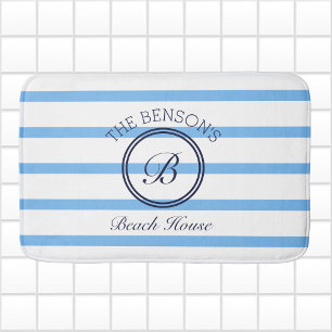 Tapis De Bain Chic Monogram Blue Stripes Nom de famille Beach Ho