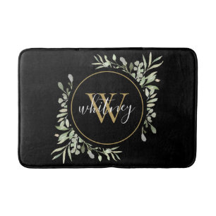 Tapis De Bain Chic or Monogramme Élégant Script Vert Noir